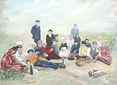 רחל טימור , נ. 1944 - ארוחה בשדה. טכניקה: אקריליק על נייר מידות: 49X67 ס"מ חתום: חתום.