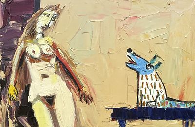 לאו ריי , נ. 1950 - אישה וכלב מס' 4 , 2019. טכניקה: שמן על בד מידות: 50X76 ס"מ חתום: חתום, מתוארך 