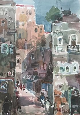 אברהם בינדר , 1907-2001 - נוף אורבני. טכניקה: אקוורל מידות: 50X36 ס"מ חתום: חתום.