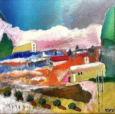 עודד פיינגרש , נ. 1938 - מקלט ציבורי בשרון. טכניקה: שמן ואקריליק על בד מידות: 30X30 ס"מ חתום: חתום 