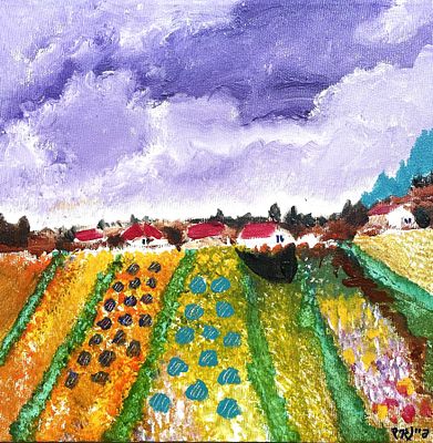 עודד פיינגרש , נ. 1938 - מטעי אבוקדו בבן שמן. טכניקה: שמן ואקריליק על בד מידות: 30X30 ס"מ חתום: 