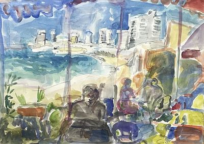 יהושוע פרונט , 1946-2023 - דמויות בנוף. טכניקה: אקוורל מידות: 88X96 ס"מ חתום: חתום. אודות האמן: 