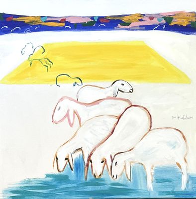 מנשה קדישמן , 1932-2015 - כבשים במעיין. טכניקה: אקריליק על בד מידות: 98X98 ס"מ חתום: חתום. חתום 