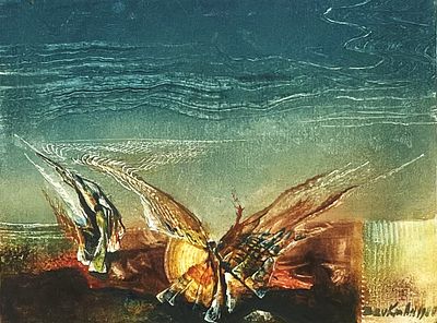 יבגני ברוקמן , 1925-2008 - מלאכים. טכניקה: שמן על בד מוצמד לקרטון מידות: 22X30 ס"מ חתום: חתום.