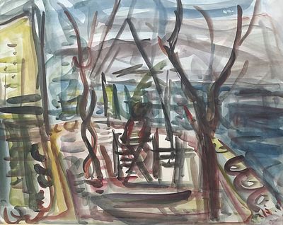 דוד לנבר , 1912-1987 - על ספסל בגינה, 1946. טכניקה: אקוורל מידות: 31X41 ס"מ חתום: חתום ומתוארך.