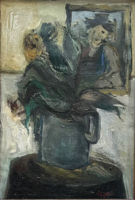 יצחק טרקאי , 1935-2012 - פנים ואגרטל פרחים. טכניקה: שמן על בד מידות: 50X35 ס"מ חתום: חתום. אודות 