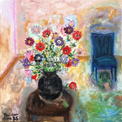 ישי רוסנו , נ. 1969 - פנים ופרחים, 2025. טכניקה: שמן על בד מידות: 50X50 ס"מ חתום: חתום ומתוארך. 