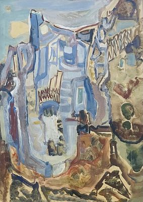 מרדכי לבנון , 1901-1968 - נוף בצפת. טכניקה: אקוורל מידות: 69X49 ס"מ חתום: חתום. הערות: המסגרת שבורה 