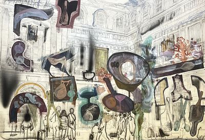 יאיר גרבוז , נ. 1945 - ללא כותרת, . טכניקה: טכניקה מעורבת על נייר מידות: 70X100 ס"מ חתום: חתום. 