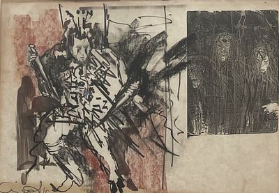 אורי ליפשיץ , 1936-2011 - מקבת, . טכניקה: טוש ופסטל מידות: 29X41 ס"מ חתום: חתום. הערות: ציור הכריכה 