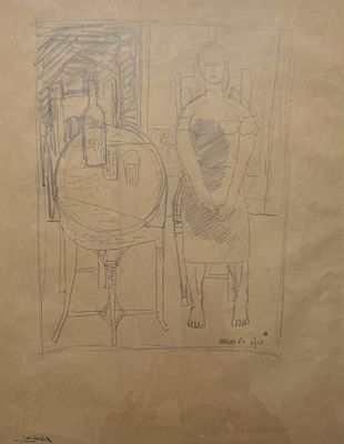 מיכאל ארגוב , 1920-1982 - אישה בבית , 1950. טכניקה: רישום עיפרון מידות: 43X33 ס"מ חתום: חתום 