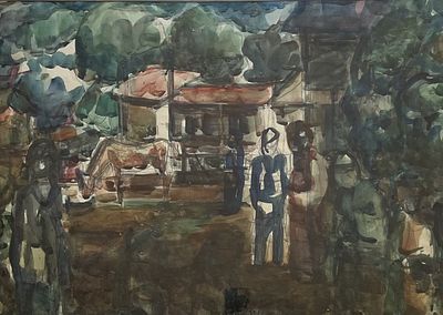 אהרון גלעדי , 1907-1993 - דמויות בכפר, . טכניקה: אקוורל מידות: 48X68 ס"מ חתום: חתום. אודות האמן: 