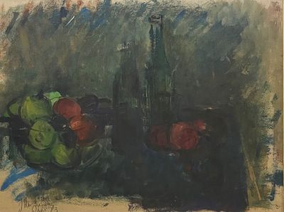 יהודית הר אבן , נ. 1926 - דומם ופירות, 1983. טכניקה: אקריליק על נייר מידות: 47X62 ס"מ חתום: חתום 