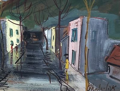 שאול אהלי , נ. 1922 - בתים בנוף, . טכניקה: גואש על קרטון מידות: 34X42 ס"מ חתום: חתום.