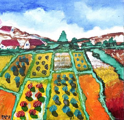 עודד פיינגרש , נ. 1938 - נוף בשרון, . טכניקה: אקריליק ושמן על בד מידות: 30X30 ס"מ חתום: חתום, נושא 