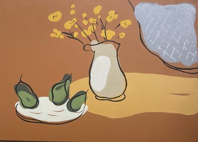 מריה רזינסקי , נ. 1953 - פרחים ואגסים , 2025. טכניקה: שמן על בד מידות: 50X70 ס"מ חתום: חתום ומתוארך 