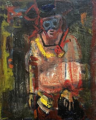 דן קדר , 1929-2008 - פורים, 1946. טכניקה: שמן על עץ מידות: 40X32 ס"מ חתום: חתום ומתוארך. מוקדש בגב 