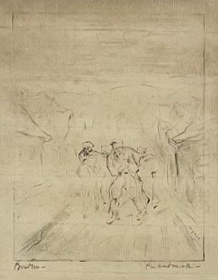יוסף בודקו , 1888-1940 - גברים בשטטל, . טכניקה: תחריט מידות: 15X12 ס"מ חתום: חתום.