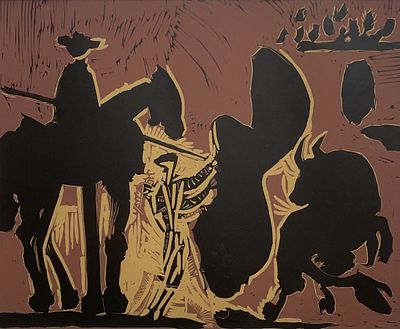 פבלו פיקאסו, עפ"י , 1881-1973 - קרב שוורים, . טכניקה: חיתוך לינולאום מידות: 27X33 ס"מ