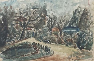 דוד לנבר , 1912-1987 - נוף, 1949. טכניקה: אקוורל מידות: 32X49 ס"מ חתום: חתום ומתוארך.
