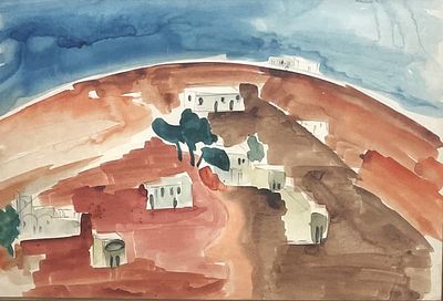 יהודית הר אבן , נ. 1926 - בתים בנוף, . טכניקה: אקוורל מידות: 32X48 ס"מ חתום: חתום.