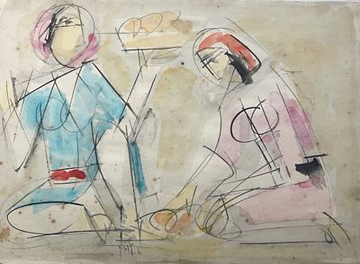 Arie Lubin , 1897-1980 - Two women cooking, . Artist's name: Arie Lubin , 1897-1980 Item name: Two 
