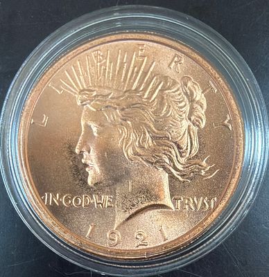 אונקיית נחושת 999. מטבע אונקיית 999 נחושת רפליקת ליברטי 🇺🇸 1921 שמור בצורה יפה בתוך קפסולה