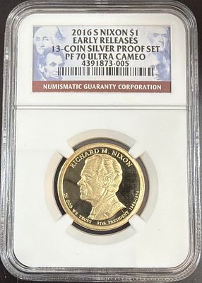 מטבע מדורג 70 של הנשיא ריצ׳ארד ניקסון. מטבע משנת 2016 1 דולר ארה״ב 🇺🇸 דירוג NGC PF 70 ULTRA 