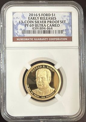 מטבע מדורג של הנשיא גלרד פורד. מטבע משנת 2016 1 דולר ארה״ב 🇺🇸 דירוג NGC PF 69 ULTRA CAMEO מטבע 