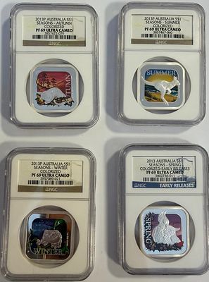 2013 $1 Australian Seasons Set of 4 x 1 oz Silver Coins Ultra Cameo - NGC PF69 סט מיוחד שמגיע 