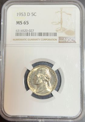 מטבע אמריקאי 🇺🇸🇺🇸 
מטבע בערך 5C 
משנת 1953 
בדירוג MS65 NGC