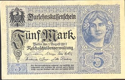 ** שטר עתיק ** 
של גרמניה 🇩🇪 1917 
5 מארק במצב מינט לשטר בן יותר ממאה שנה