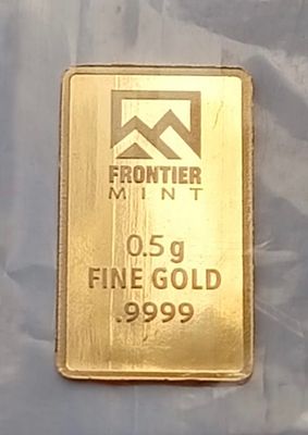 זהב טהור! 
מטיל 1/2 גרם זהב 999.9 מבריק נוצץ חברת Frontier Mint. 
פריט יפהפה במצב מושלם!