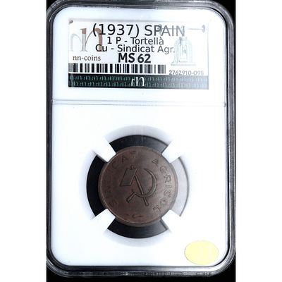 Siglo XX - 1937. Tortell&aacute;. 1 peseta. Sindicat Agrario. Cu. SC