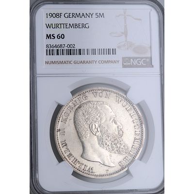 ALEMANIA - 1908 F. ALEMANIA. 5 marks. Wurttemberg. Ag. SC-