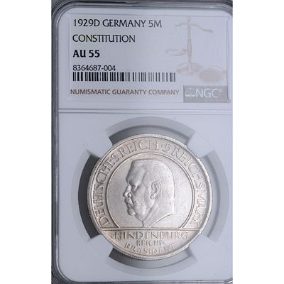 ALEMANIA - 1929D. ALEMANIA. 5 marks. CONSTITUCION. Ag. EBC