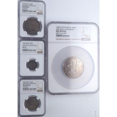 BRASIL - 1900. Lote de 4 monedas. Cuarto Centenario del descubrimiento del Brasil. Ag. EBC+