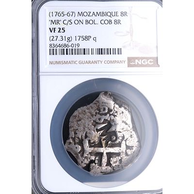 MOZAMBIQUE - 1765-67. 8 reales espa&ntilde;oles. Resello Mozambique. Ag. BC+ / MBC-