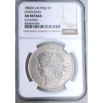 PERU - 1882. 5 pesetas. Ayacucho. Ag. EBC