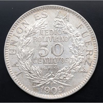 BOLIVIA. 1909 - Medio boliviano &oacute; cincuenta centavos. Ag. SC-