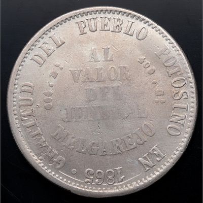 BOLIVIA. 1865 - Un Peso. Ag. MBC+