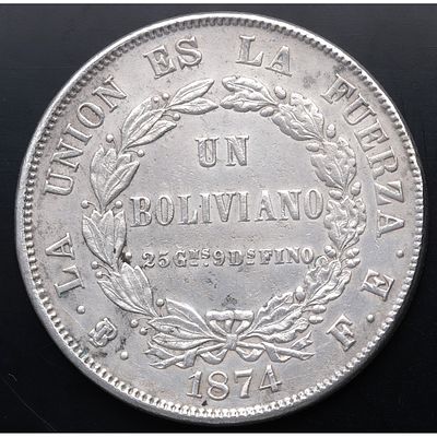 BOLIVIA. 1874 - Un Boliviano. Ag. EBC-