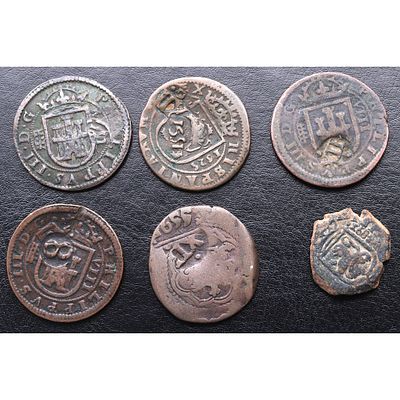 MONARQU&Iacute;A ESPA&Ntilde;OLA. Felipe III - Lote 6 piezas MBC-. Ve. Felipe III a Carlos II