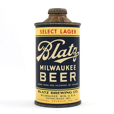Blatz Milwaukee Select Lager Beer Flat Bottom Cone Top 153-6. Brewer/Business Name: Blatz 