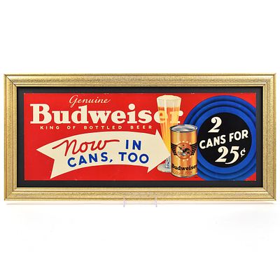 Budweiser Beer NOW IN CANS 1930s Paper Sign. Brewer/Business Name: Anheuser-Busch Inc., St. 