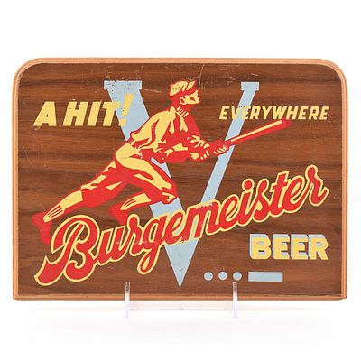 Burgemeister Beer 1940s Wood Sign BASEBALL THEME ITS A HIT. Brewer/Business Name: Warsaw Brewing 
