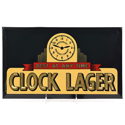 Clock Lager 1930s Tin-Over-Cardboard Sign RARE. Brewer/Business Name: Waterbury Brewing Co. 