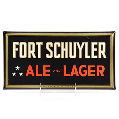 Fort Schuyler Ale and Lager 1940s Tin-Over-Cardboard Sign. Brewer/Business Name: Utica Brewing 