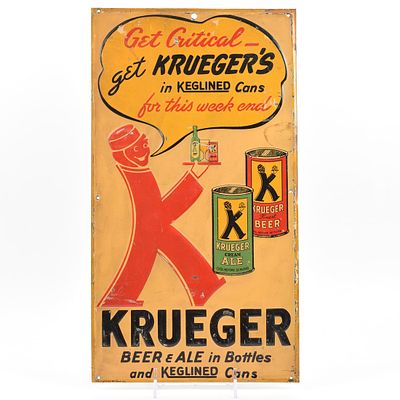 Krueger Ale-Beer IN BOTTLE KEGLINED CANS 1930s Embossed Tin Sign K-MAN SCARCE. Brewer/Business 