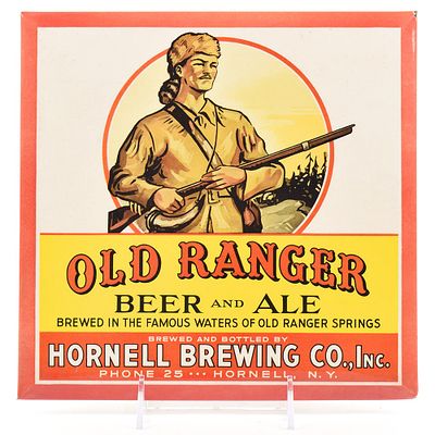 Old Ranger Beer and Ale 1950s Tin-Over-Cardboard Sign. Brewer/Business Name: Hornell Brewing Co. 